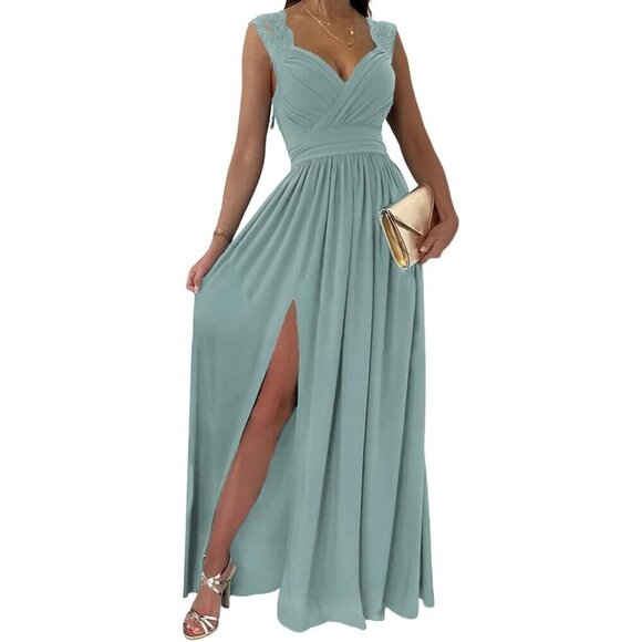 Women's Formal Dresses Green Wrap V-Neck Maxi Dresses - Picture 1 of 7